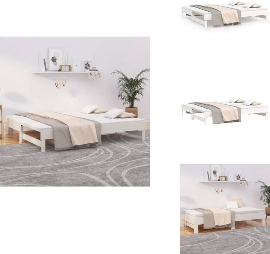 VidaXL Slaapbank Grenenhout Uitschuifbaar Gelat Ontwerp Eenvoudig gebruik Wit 202.5 x 199 cm Geschikt voor 100 x 200 cm matras Bed