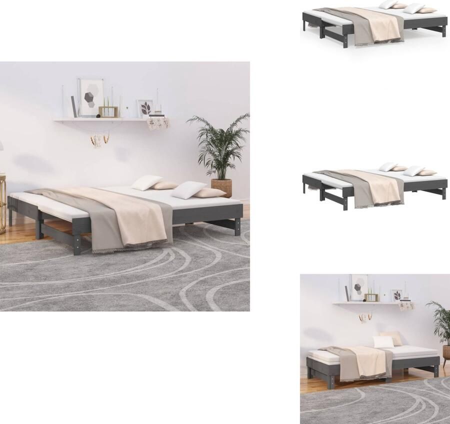 VidaXL Slaapbank Logeerbed Massief grenenhout Uitschuifbaar Grijs 193.5 x 181 x 66 cm Geschikt voor 90 x 190 cm matrassen 2 stuks vereist Bed - Foto 2