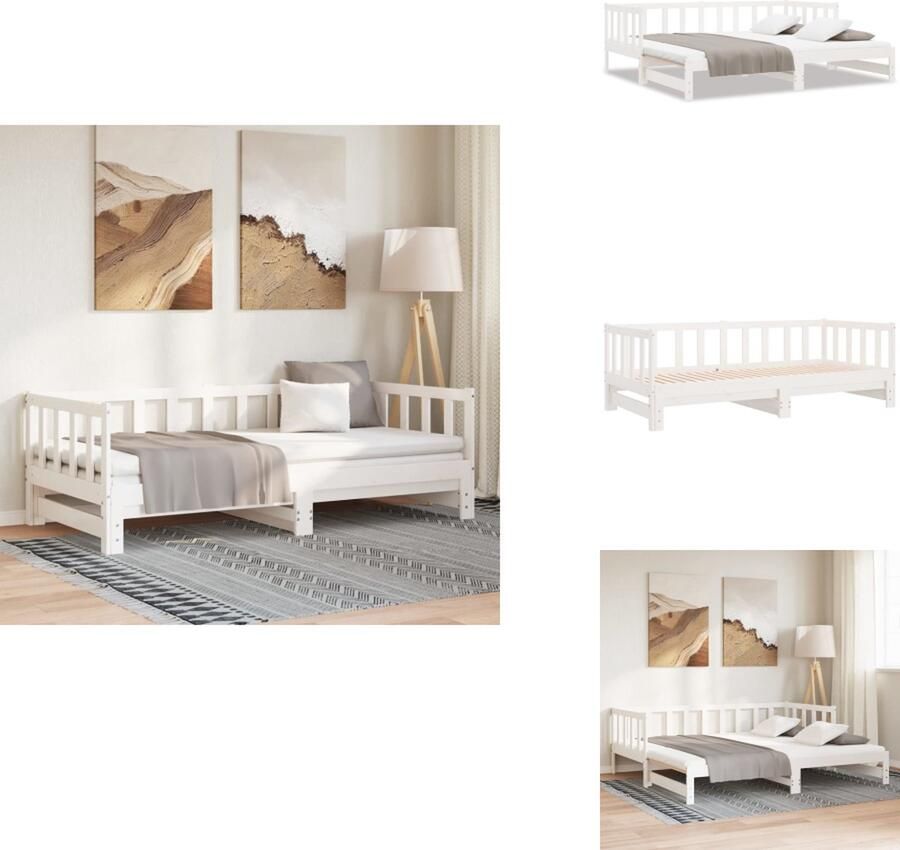 VidaXL Slaapbank Grenenhout Logeerbed Uitschuifbaar Gelat ontwerp Eenvoudig gebruik Wit 192.5x180x33.5cm 90x190cm 2 matrassen vereist Bed