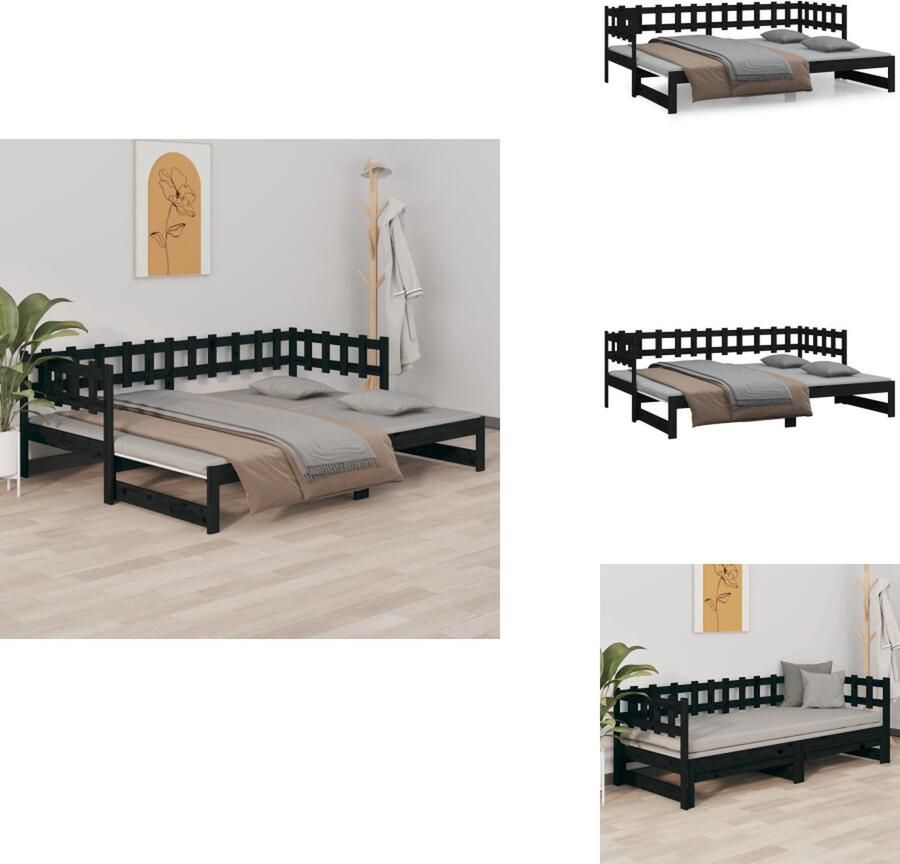 VidaXL Slaapbank KUBO Massief grenenhout Uitschuifbaar Zwart 203.5 x 181 x 68.5 cm Geschikt voor matras van 90 x 200 cm (2x) Bed