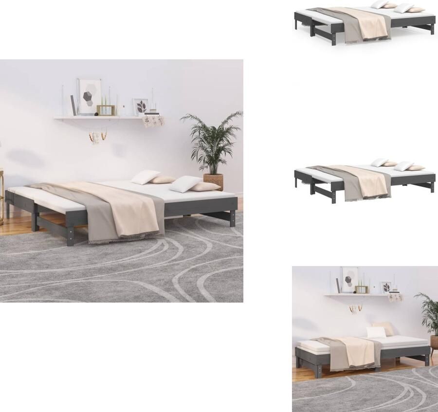 VidaXL Slaapbank Massief Grenenhout Uitschuifbaar Bed Gelat Ontwerp Eenvoudig Gebruik Grijs 202.5 x 199 x 33.5 cm Geschikt voor 100 x 200 cm Matras Bed