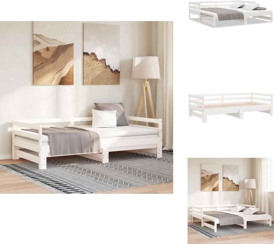 VidaXL Logeerbed Grenenhouten Slaapbank Uitschuifbaar Massief Grenenhout Wit 203.5 x 160 x 56.5 cm Geschikt voor 80 x 200 cm Matras (niet inbegrepen) Bed