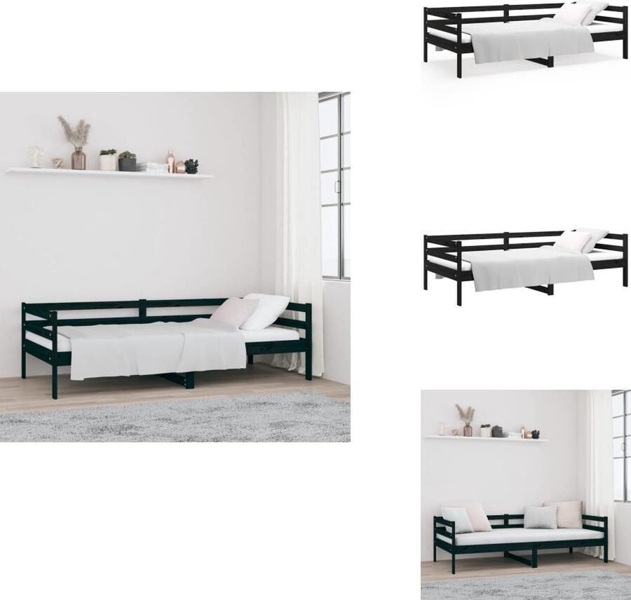 VidaXL Logeerbed 3-zijdig bedhek Massief grenenhout Gelat ontwerp Veelzijdig Extra opbergruimte Zwart 193.5 x 96 x 56.5 cm Geschikt voor 90 x 190 cm matras Bed