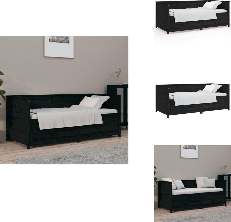 VidaXL Logeerbed Massief grenenhout 3-zijdig bedhek Gelat ontwerp Veelzijdig bed Extra opbergruimte Zwart 193.5 x 96 x 66 cm Bed