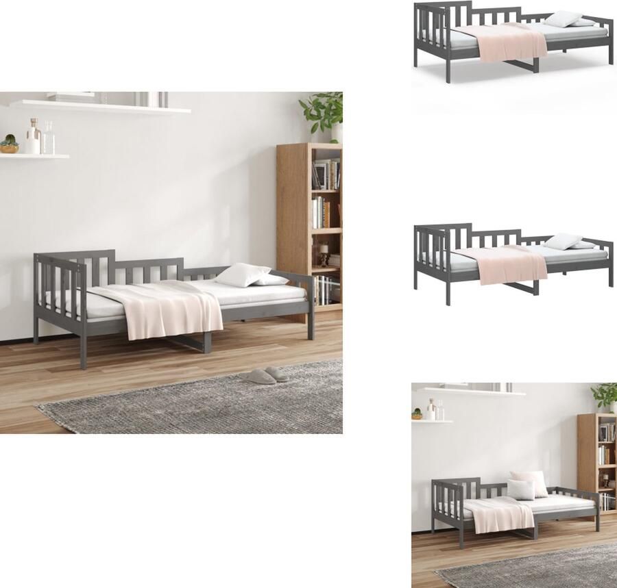 VidaXL Slaapbank Massief Grenenhout Logeerbed met 3-zijdig bedhek Gelat ontwerp Grijs 203.5 x 96 x 68.5 cm Bed