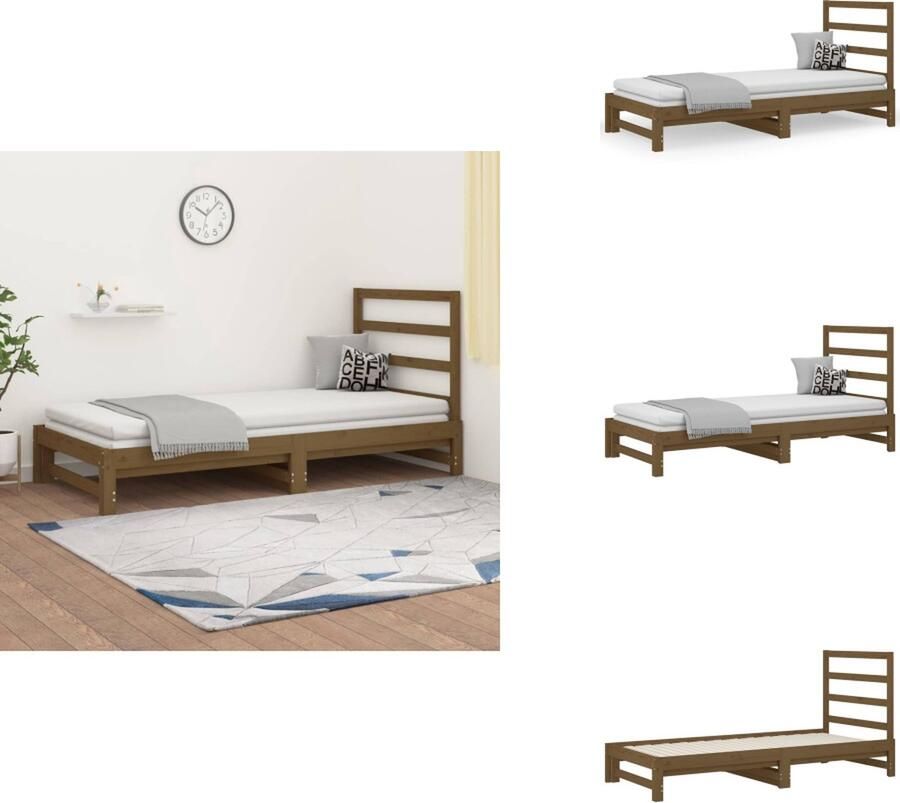 VidaXL Logeerbed Massief Grenenhout Uitschuifbaar Honingbruin 205.5 x 182 x 30 cm Inclusief Montagehandleiding Bed