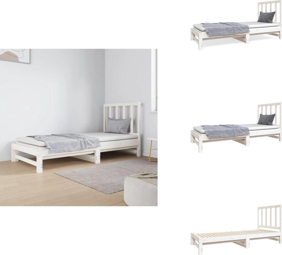 VidaXL Slaapbank Logeerbed Massief Grenenhout Uitschuifbaar Wit 195.5 x 182 x 30 cm Geschikt voor 90 x 190 cm matras (niet inbegrepen) Bed