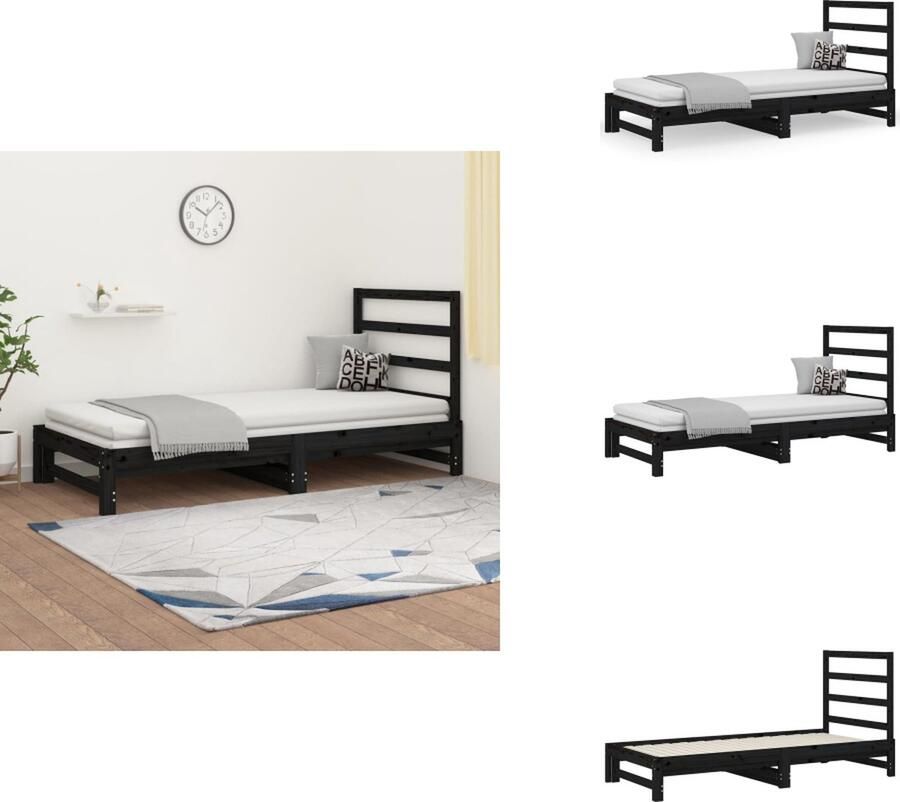 VidaXL Slaapbank Uitschuifbaar Massief Grenenhout Zwart 205.5x182x30cm (LxBxH) Inclusief Montagehandleiding Geschikt voor 90x200cm Matras Bed - Foto 3