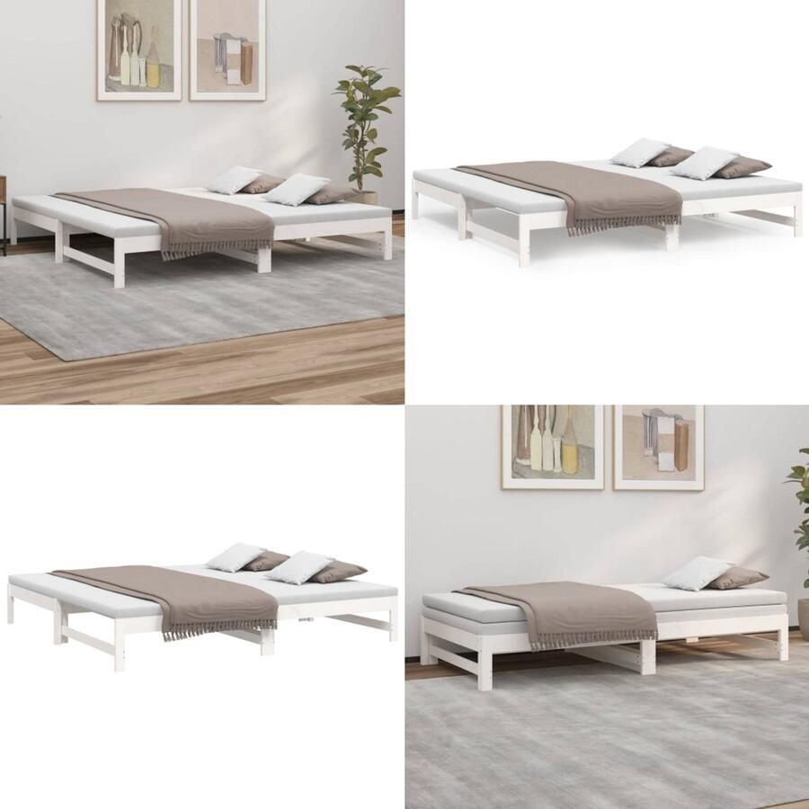 VidaXL Slaapbank uitschuifbaar 2x(80x200) cm massief grenenhout wit Slaapbank Slaapbanken Bedbank Bed Bank Slaap Bank