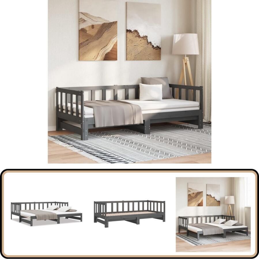 VidaXL Slaapbank Uitschuifbaar Grenenhout Grijs Slaapbank Logeerbed Massief Hout Grenenhout Bankslaapzaak Tweepersoonsbed Stapelbare Meubels Multifunctioneel Meubel