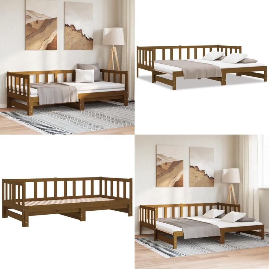 VidaXL Slaapbank uitschuifbaar grenenhout honingbruin 2x(90x190) cm Slaapbank Slaapbanken Bedbank Bed Bank Slaap Bank