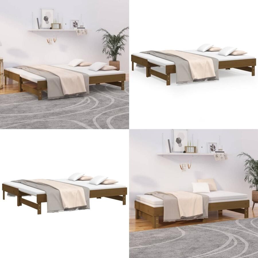 VidaXL Slaapbank uitschuifbaar grenenhout honingbruin 2x(90x190) cm Slaapbank Slaapbanken Bedbank Bed Bank Slaap Bank