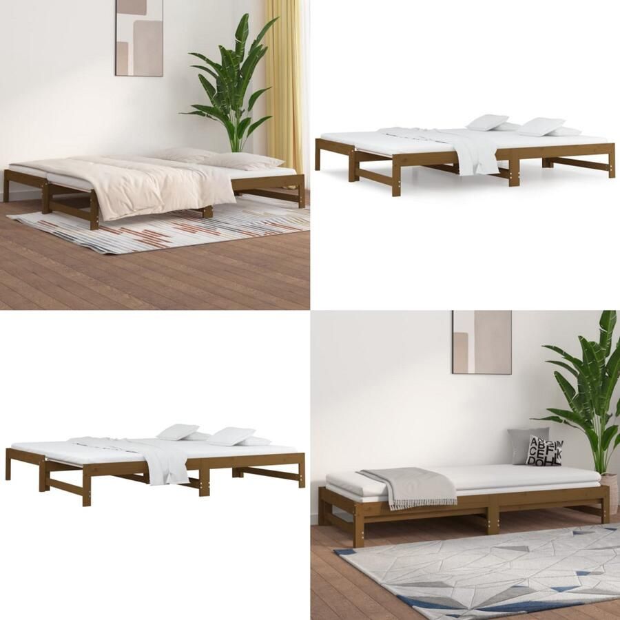 VidaXL Slaapbank uitschuifbaar grenenhout honingbruin 2x(90x200) cm Slaapbank Slaapbanken Bedbank Bed Bank Slaap Bank