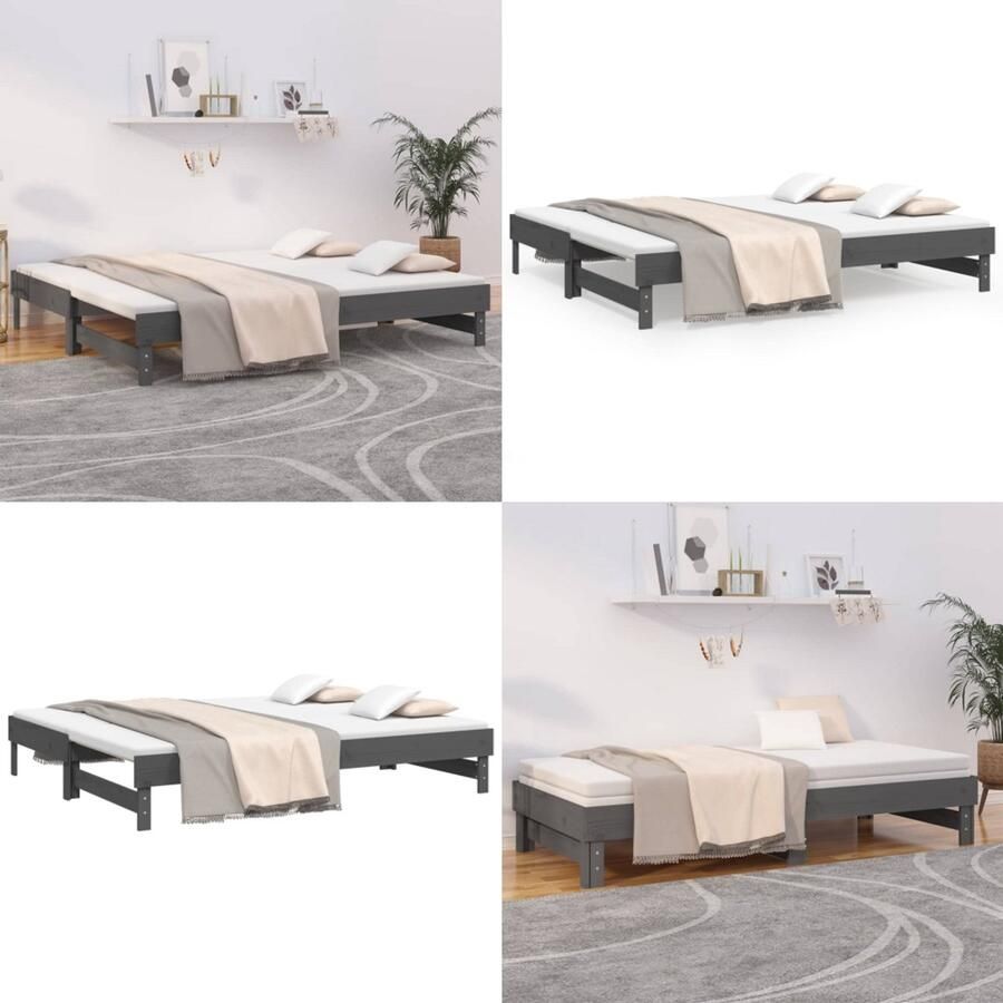 VidaXL Slaapbank uitschuifbaar massief grenenhout grijs 2x(100x200) cm Slaapbank Slaapbanken Bedbank Bed Bank Slaap Bank