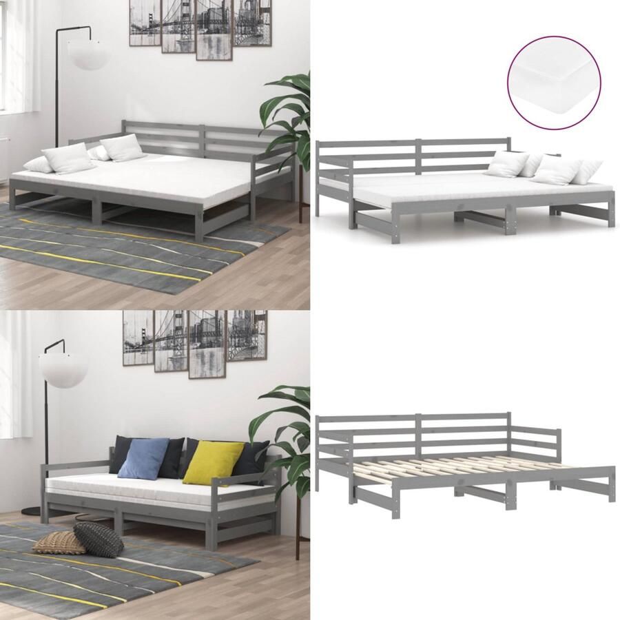 VidaXL Slaapbank uitschuifbaar massief grenenhout grijs 2x(90x200) cm Bedbank Bedbanken Bed Bank Bed Banken