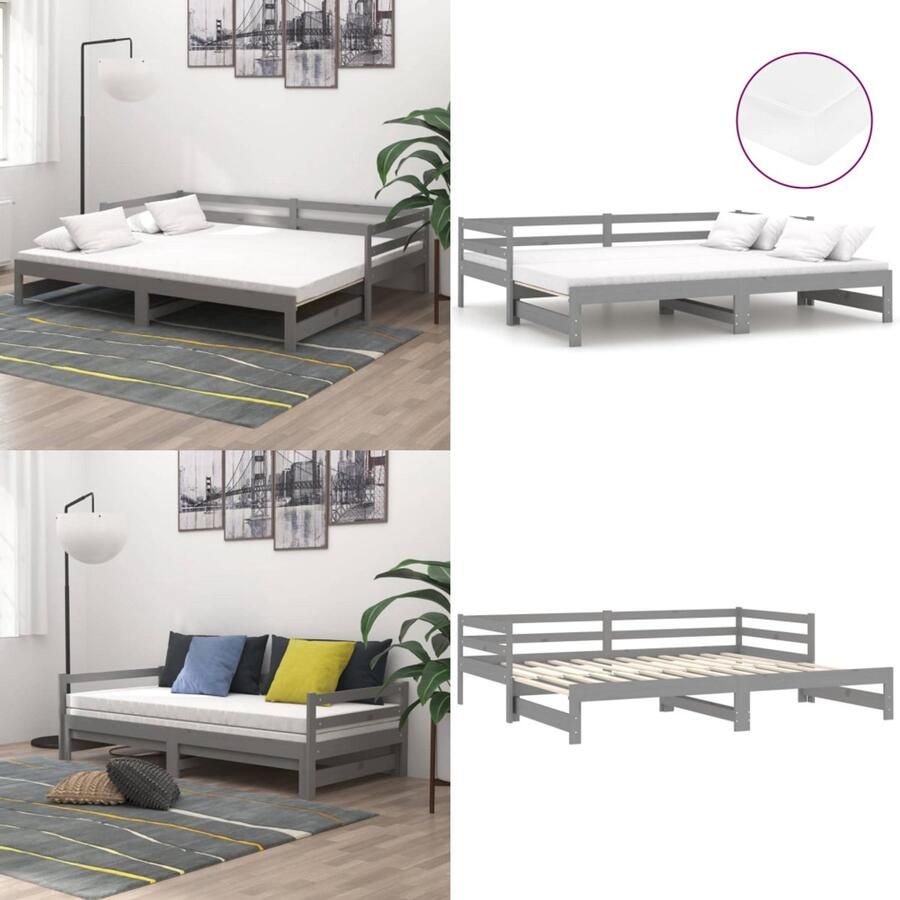 VidaXL Slaapbank uitschuifbaar massief grenenhout grijs 2x(90x200) cm Bedbank Bedbanken Bed Bank Bed Banken