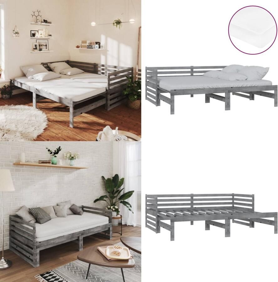 VidaXL Slaapbank uitschuifbaar massief grenenhout grijs 2x(90x200) cm Bedbank Bedbanken Bed Bank Bed Banken