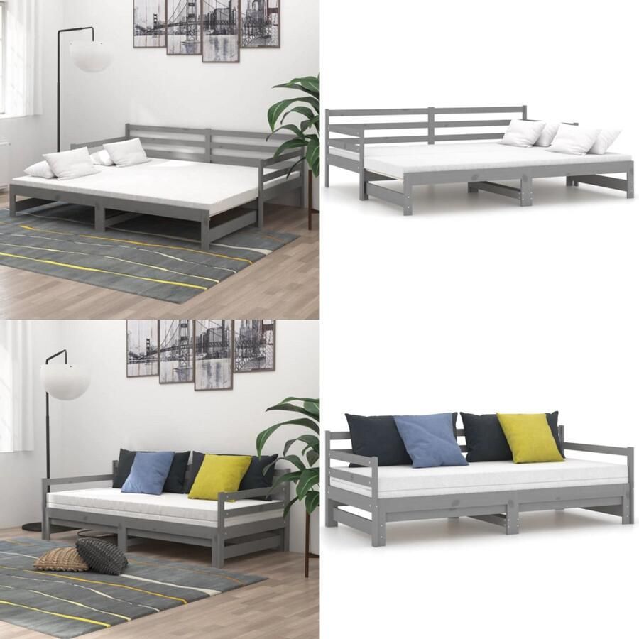 VidaXL Slaapbank uitschuifbaar massief grenenhout grijs 2x(90x200) cm Bedbank Bedbanken Bed Bank Bed Banken