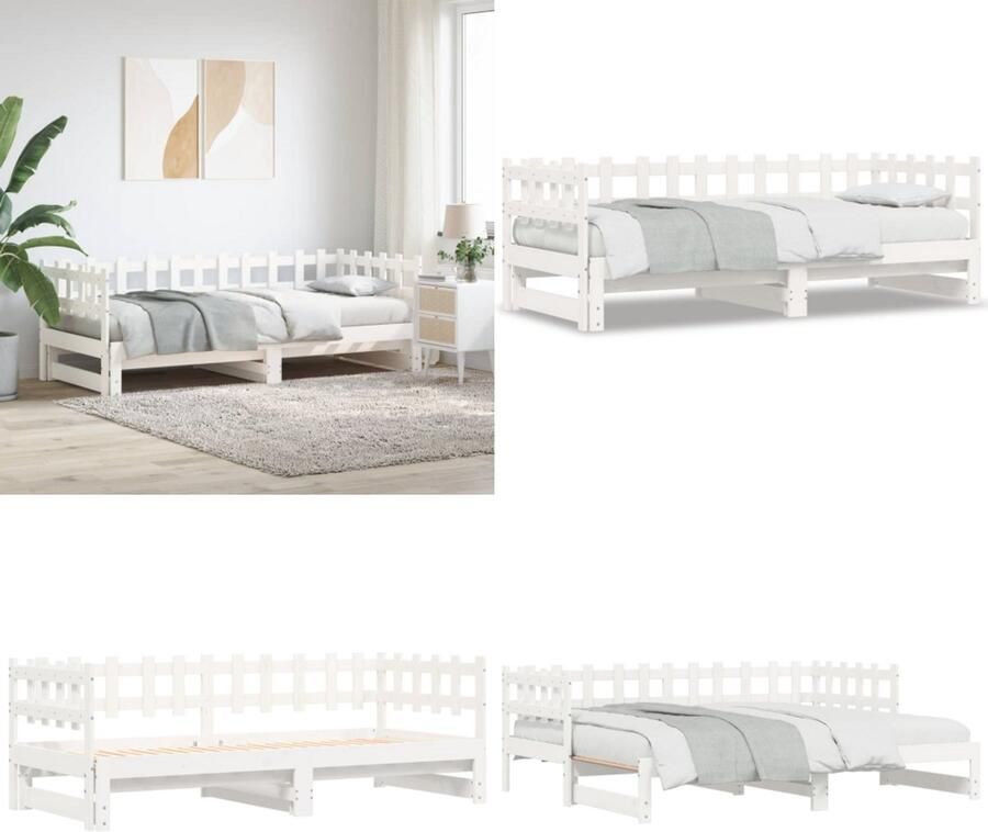 VidaXL Slaapbank uitschuifbaar massief grenenhout wit 2x(90x190) cm Slaapbank Slaapbanken Bankbed