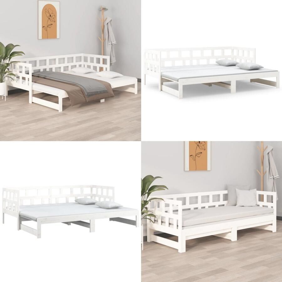 VidaXL Slaapbank uitschuifbaar massief grenenhout wit 2x(90x200) cm Slaapbank Slaapbanken Bedbank Bed Bank Slaap Bank