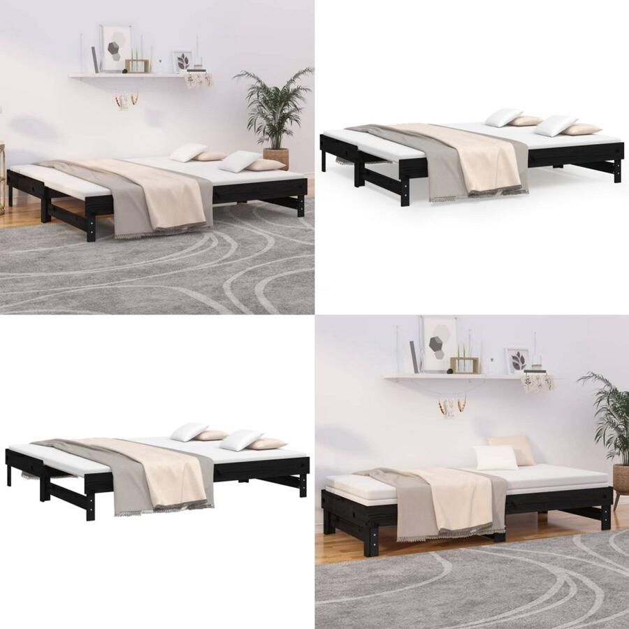 VidaXL Slaapbank uitschuifbaar massief grenenhout zwart 2x(100x200) cm Slaapbank Slaapbanken Bedbank Bed Bank Slaap Bank
