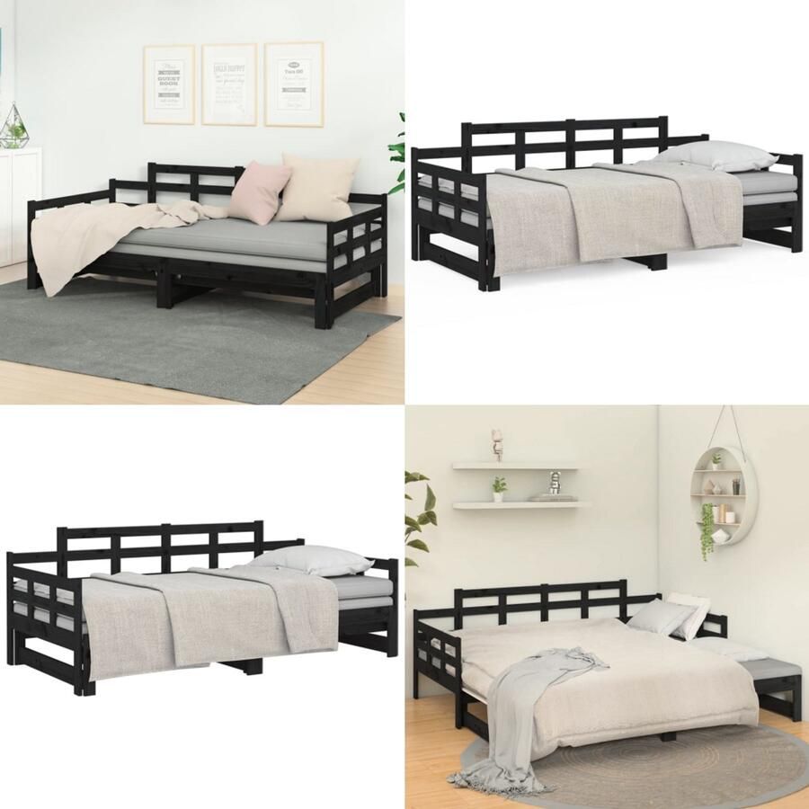 VidaXL Slaapbank uitschuifbaar massief grenenhout zwart 2x(80x200) cm Slaapbank Slaapbanken Bedbank Bed