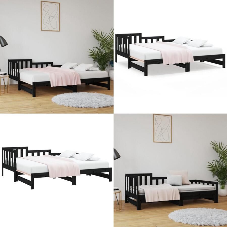 VidaXL Slaapbank uitschuifbaar massief grenenhout zwart 2x(90x190) cm Slaapbank Slaapbanken Bedbank Bed Bank Slaap Bank