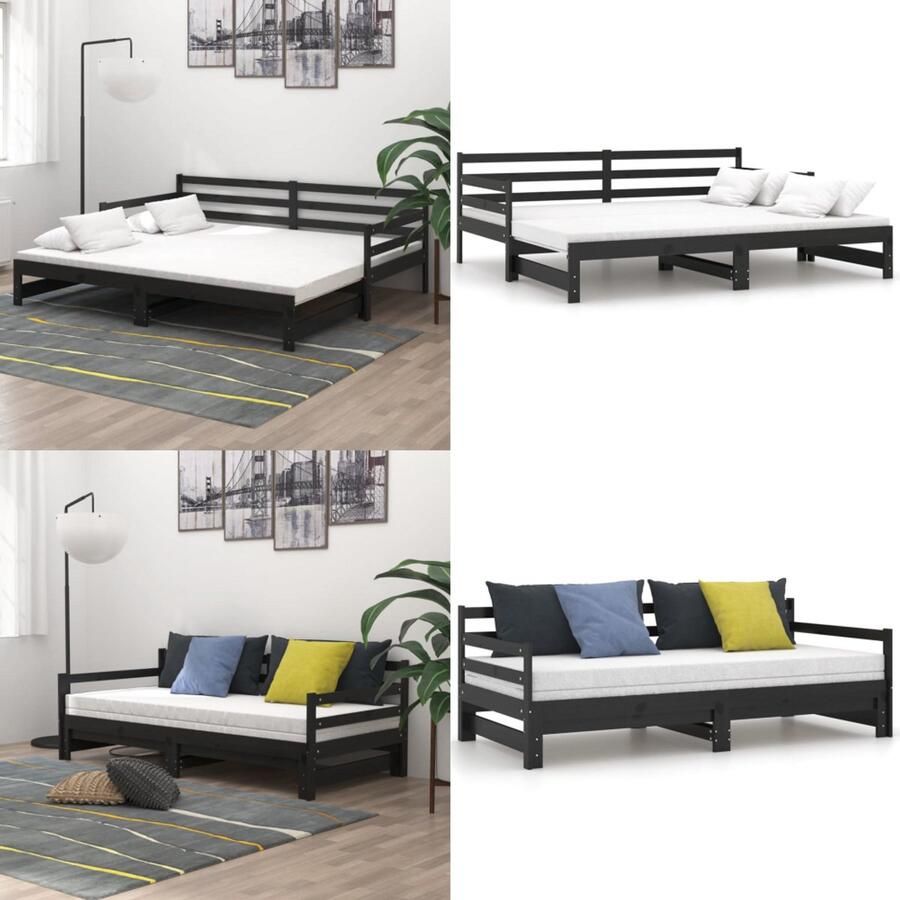 VidaXL Slaapbank uitschuifbaar massief grenenhout zwart 2x(90x200) cm Bedbank Bedbanken Bed Bank Bed Banken