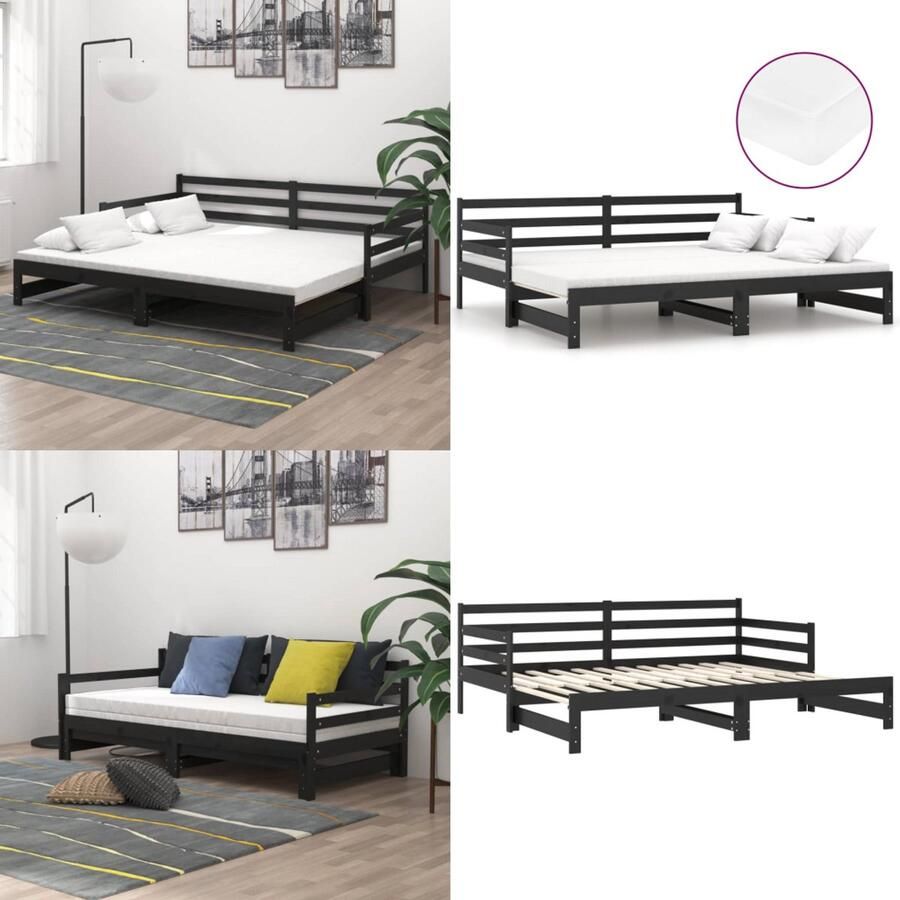 VidaXL Slaapbank uitschuifbaar massief grenenhout zwart 2x(90x200) cm Bedbank Bedbanken Bed Bank Bed Banken