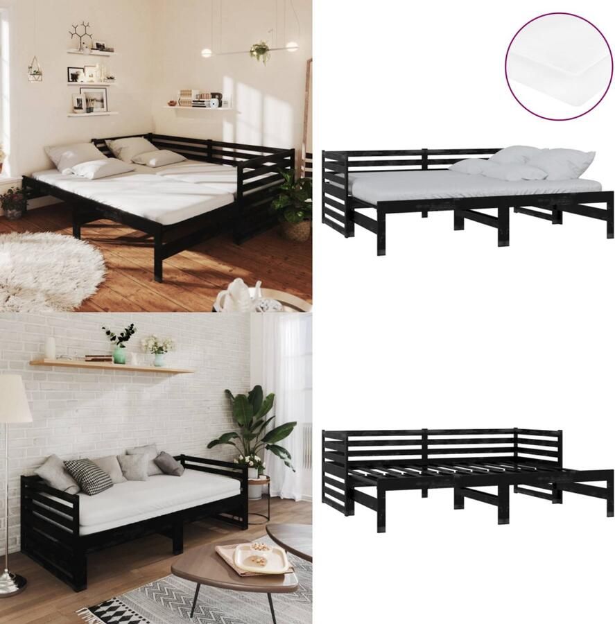 VidaXL Slaapbank uitschuifbaar massief grenenhout zwart 2x(90x200) cm Bedbank Bedbanken Bed Bank Bed Banken