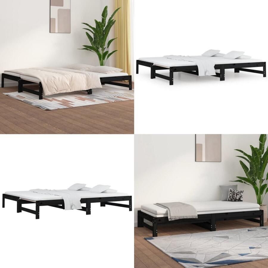 VidaXL Slaapbank uitschuifbaar massief grenenhout zwart 2x(90x200) cm Slaapbank Slaapbanken Bedbank Bed Bank Slaap Bank