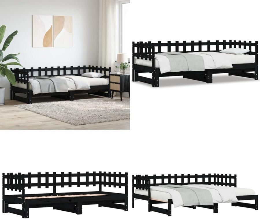 VidaXL Slaapbank uitschuifbaar massief grenenhout zwart 2x(90x200) cm Slaapbank Slaapbanken Bedbank Bankbed
