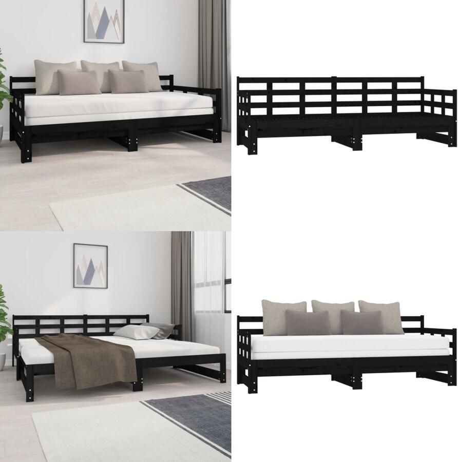 VidaXL Slaapbank uitschuifbaar massief grenenhout zwart 2x(90x200) cm Uitschuifbare Slaapbank Uitschuifbare Slaapbanken Bedbank Bed