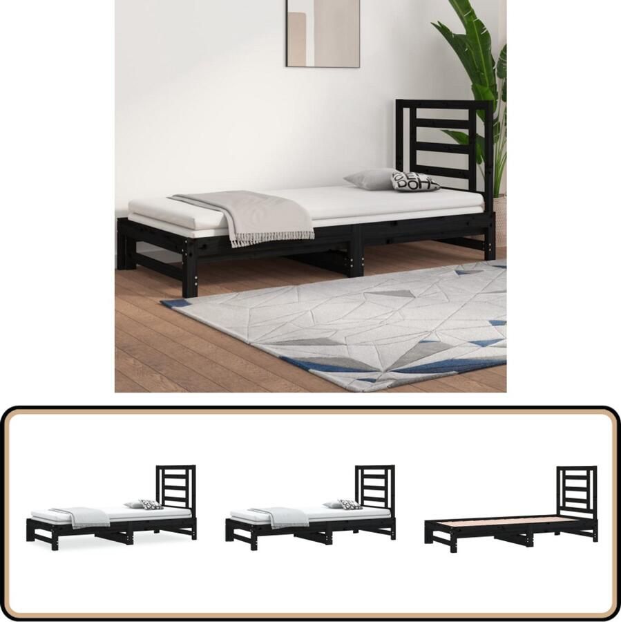 VidaXL Slaapbank Uitschuifbaar Massief Grenenhout Zwart Slaapbank Uitschuifbare Bank Daybed Grenenhouten Meubels Zwarte Meubelen Compact Bed Guest Bed Multifunctionele Bank