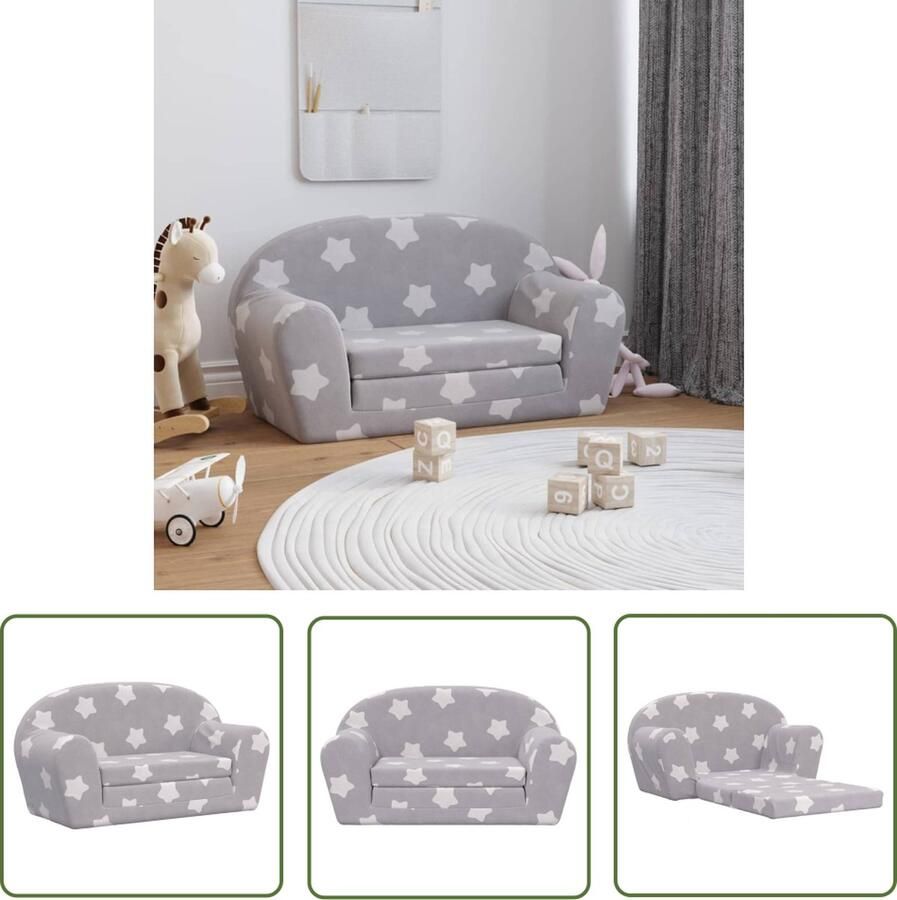 The Living Store Kinderslaapbank 2-zits met sterren zacht pluche lichtgrijs Kindermeubel Slaapbank Voor Kinderen Kids Sofa Bed Tweezitter Kinderbank Speelkleed