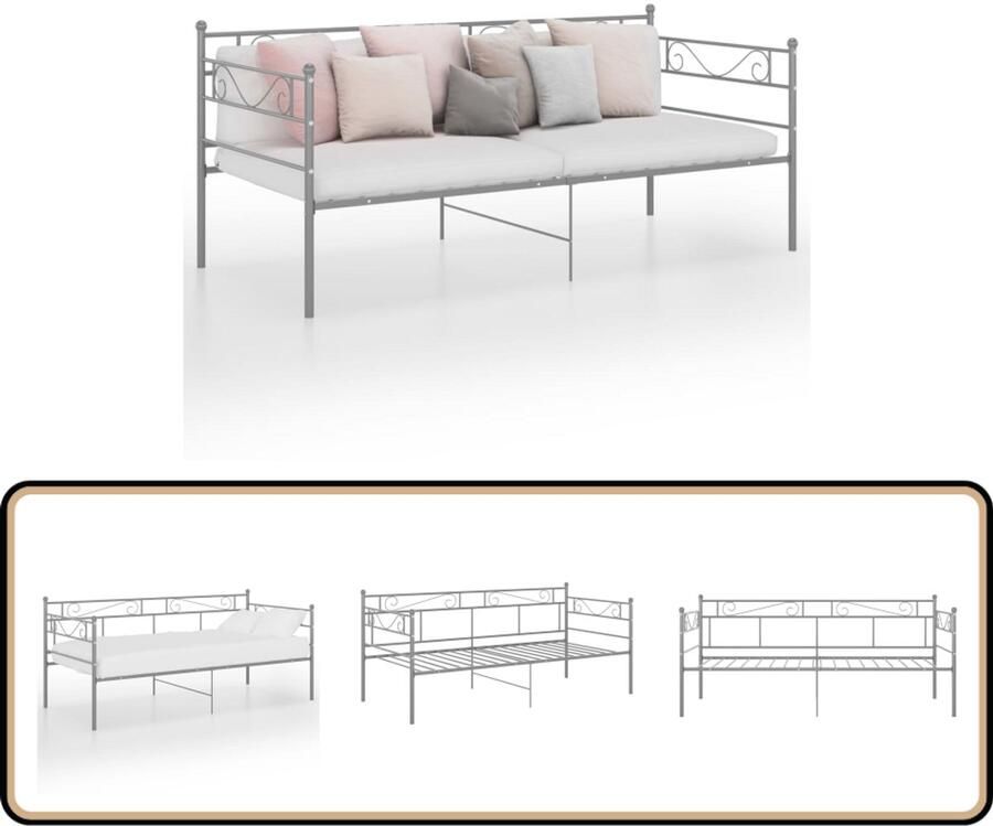 VidaXL Slaapbankframe Metaal Grijs 90x200 cm Slaapbank Bedbank Metalen Frame Grijze Bedbank Compact Bed Stapelbaar Bed Guest Bed