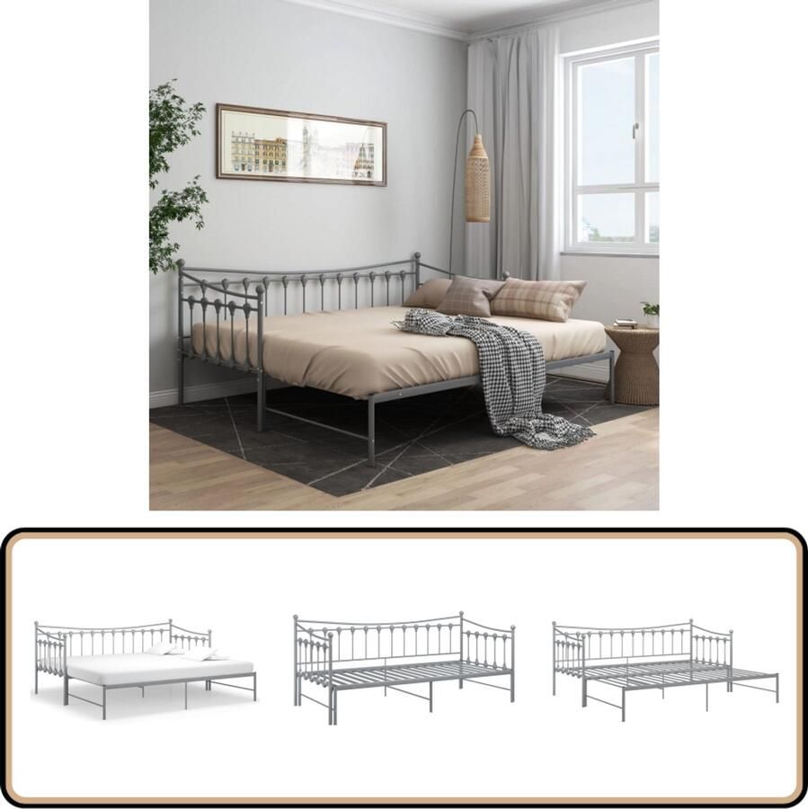 VidaXL Slaapbankframe Uittrekbaar Grijs 90x200 cm Slaapbank Bedbank Frame Tweepersoonsbed Stapelbed Metalen Bed Grijze Meubels Compact Bed Ruimtebesparend