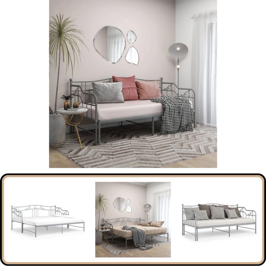 VidaXL Slaapbankframe Uittrekbaar Metaal Grijs Slaapbank Bedbank Sofa Bed Logeerbed Tweepersoons Bed Frame Metalen Bedframe Grijze Meubels