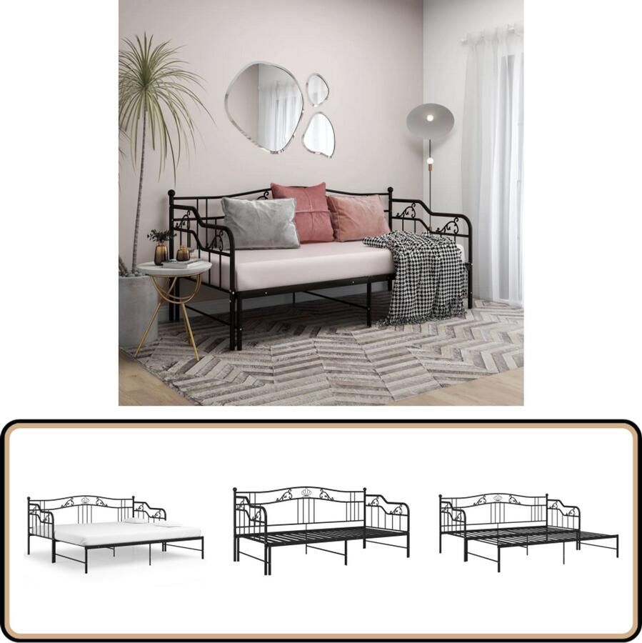 VidaXL Slaapbankframe Uittrekbaar Metaal Zwart Slaapbank Bedbank Logeerbed Tweepersoonsbed Stapelbed Frame Metalen Bed Zwarte Bedbank