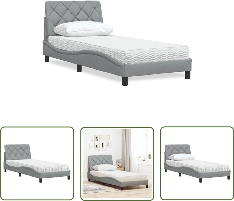 VidaXL Slaapcomfort Bed Frame Bed met matras stof lichtgrijs 90x200 cm Boxspring Alternatief Lattenbodem Hoofd Kussens