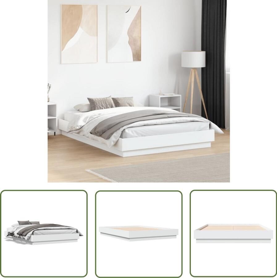 VidaXL Slaapcomfort Bedframe bewerkt hout wit 135x190 cm Houten Bed Witte Bedbank Tweepersoonsbed