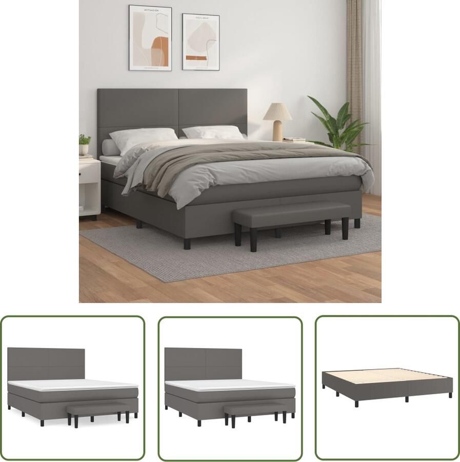 The Living Store Boxspringbed Pocketvering matras Middelharde ondersteuning Duurzaam kunstleer Praktisch hoofdbord Huidvriendelijk topmatras Multifunctioneel bankje Grijs 203 x 180 x 118 128 cm