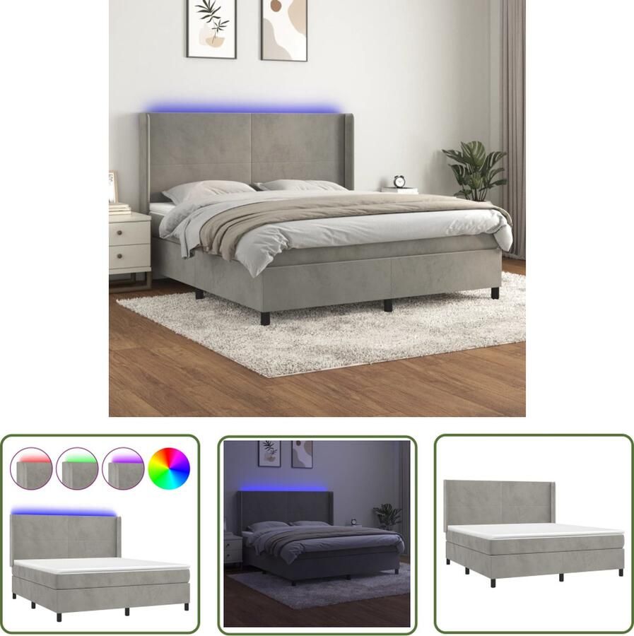 The Living Store Boxspringset Lichtgrijs fluweel 180x200 cm Pocketvering matras USB LED Boxspring Slaapcomfort Led Lamp Velvet Grijs Bed