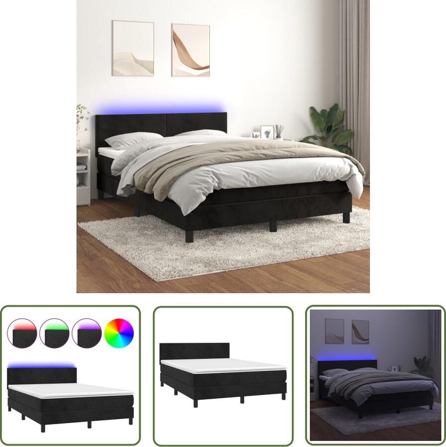 The Living Store Bed Boxspring 193 x 144 x 78 88 cm Zwart Fluweel Verstelbaar hoofdbord Kleurrijke LED-verlichting Pocketvering matras Huidvriendelijk topmatras Inclusief montagehandleiding