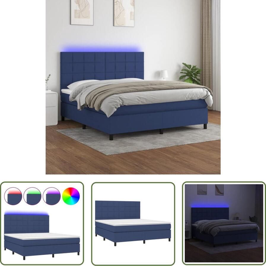 The Living Store Boxspring blauw 203 x 180 x 118 128 cm Headboard verstelbaar LED-verlichting Pocketvering matras Huidvriendelijk topmatras Boxspring Slaapcomfort Led Verlichting Blue Bed Tweepersoonsbed