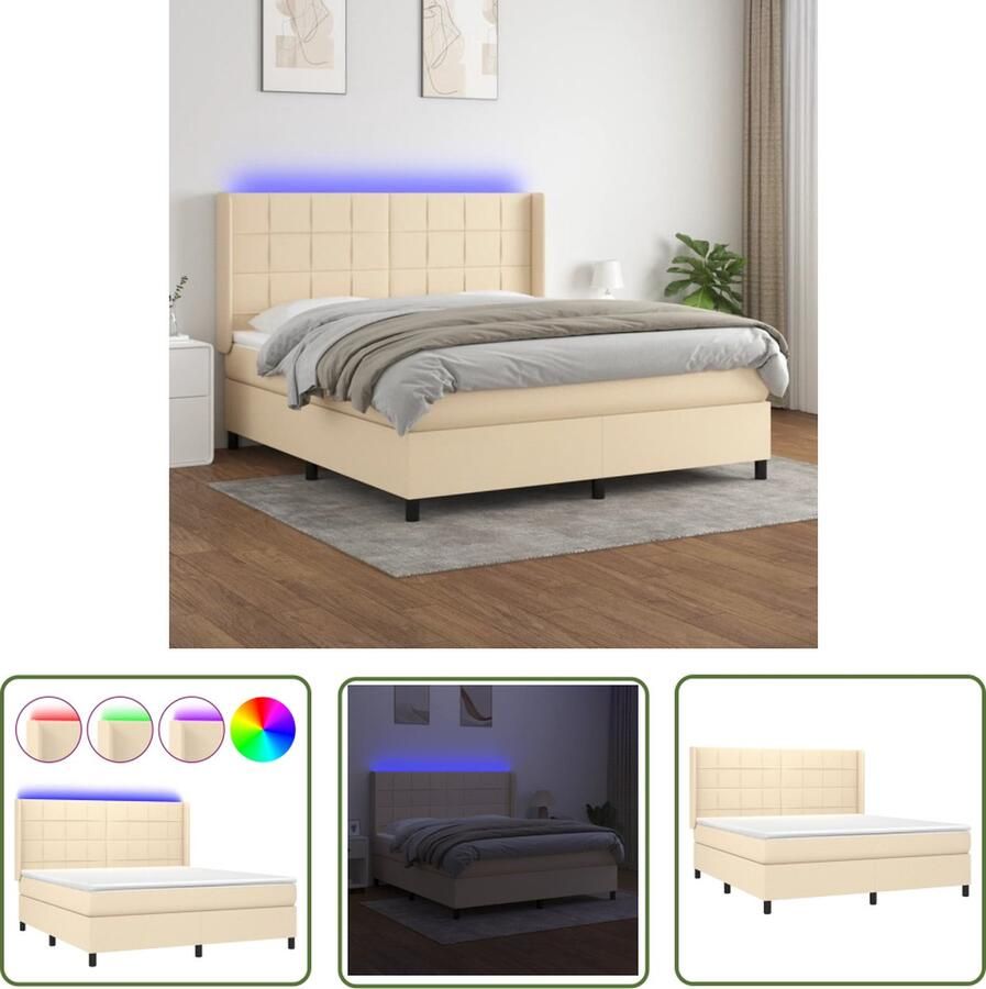 The Living Store Boxspring Bed 203 x 163 x118 128 cm Crème Pocketvering Matras Wit en Crème 160 x 200 x 20 cm Schuim Matras Topper Wit 160 x 200 x 5 cm LED-strip 55 cm DC 5V