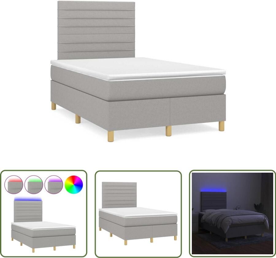 VidaXL Boxspring met matras en LED stof lichtgrijs 120x190 cm Boxspring Slaapcomfort Led Lamp Matras Pocketed Veren
