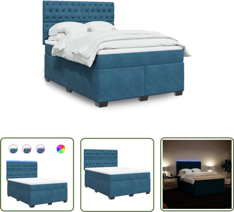 VidaXL Boxspring met matras fluweel blauw 140x200 cm Boxspring Slaapcomfort Fluweel Pocketveringmatras Led Verlichting