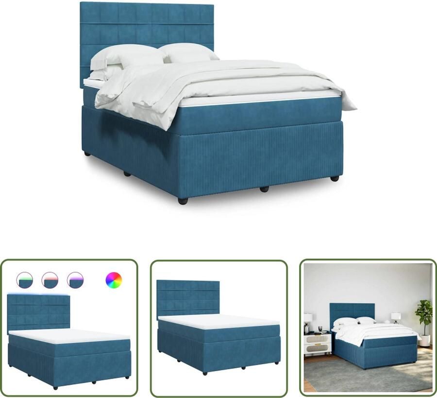 VidaXL Slaapcomfort Boxspring met matras fluweel blauw 160x200 cm Fluweel Bed Led Verlichting Hoofdbord
