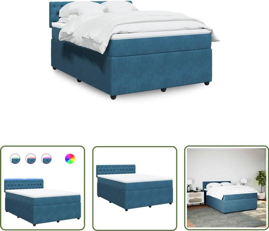 VidaXL Slaapcomfort Boxspring met matras fluweel blauw 160x200 cm Fluweel Bed Led Verlichting Pocketvering